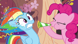 Size: 1000x563 | Tagged: safe, screencap, pinkie pie, rainbow dash, earth pony, pegasus, pony, daring don't, g4, confetti, cropped, duo, duo female, female, golden oaks library, party horn