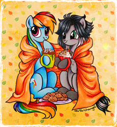 Size: 2492x2704 | Tagged: safe, artist:dariarchangel, rainbow dash, oc, pegasus, pony, g4, abstract background, blanket, blue coat, chocolate, chocolate chip cookie, coat markings, commission, cookie, covered wings, cozy, cute, daaaaaaaaaaaw, dashabetes, duo, duo female, female, female oc, food, gray coat, green eyes, hoof hold, hot chocolate, looking at someone, looking up, mare, marshmallow, mug, multicolored hair, passepartout, patterned background, pegasus oc, plate, platonic, pony oc, rainbow hair, rainbow tail, short hair, short mane, short tail, sitting, smiling, sweet dreams fuel, tail, under blanket, weapons-grade cute, whipped cream