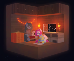 Size: 1200x984 | Tagged: safe, artist:mifes, oc, oc only, bat pony, earth pony, pony, bat pony oc, bed, duo, earth pony oc, indoors, minecraft, plushie, pumpkin, teddy bear, window