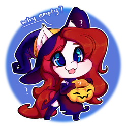 Size: 1024x1024 | Tagged: safe, artist:tolsticot, oc, oc only, earth pony, anthro, plantigrade anthro, clothes, costume, cute, dialogue, female, halloween, halloween costume, hat, holiday, mare, ocbetes, open mouth, open smile, pumpkin bucket, question mark, smiling, solo, witch costume, witch hat