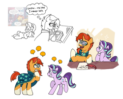 Size: 1099x885 | Tagged: safe, artist:driftwoodpony, starlight glimmer, sunburst, pony, unicorn, g4, comic interpretation, duo, duo male and female, female, horn, male, mare, simple background, speech bubble, stallion, thought bubble, white background