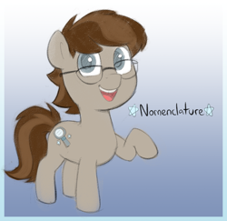 Size: 1324x1286 | Tagged: safe, artist:heretichesh, oc, oc only, oc:nomenclature, earth pony, pony, character name, colt, earth pony oc, foal, glasses, gradient background, male, raised hoof, solo