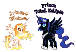 Size: 6677x4532 | Tagged: safe, anonymous artist, oc, oc only, oc:prince total eclipse, oc:princess kilonova, alicorn, pony, g4, absurd resolution, alicorn oc, closed mouth, cousins, crown, duo, duo male and female, evil eyes, eyebrows, eyelashes, eyes open, facial hair, family, female, hoof shoes, horn, jewelry, looking, looking at you, looking back, looking back at you, male, mare, name, nostrils, offspring, parent:oc:prince magnetar superstar, parent:oc:prince umbra shadowmoon, parent:oc:princess pulsar superstar, parent:oc:princess umbra bloodmoon, parents:superstarcest, parents:umbracest, prince, princess, product of incest, regalia, royalty, show accurate, simple background, smiling, smiling at you, spread wings, stallion, text, transparent background, vector, wall of tags, wings