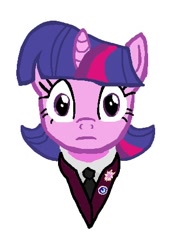 Size: 330x460 | Tagged: safe, artist:1611volk, twilight sparkle, unicorn, mlp fim's fourteenth anniversary, g4, alternate hairstyle, businessmare, bust, clothes, cutie mark on clothes, eyes open, horn, ms paint, necktie, simple background, solo, stare, suit, unicorn twilight, white background, wide eyes