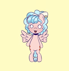 Size: 1982x2048 | Tagged: safe, artist:eltrash_art6, cozy glow, pegasus, pony, g4, :3, :d, bipedal, female, filly, foal, looking at you, open mouth, open smile, simple background, smiling, solo, spread wings, white eyes, wings, yellow background