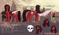 Size: 4500x2700 | Tagged: safe, artist:nsilverdraws, oc, oc only, oc:scarlet shrike, cyborg, cyborg pony, pegasus, pony, fanfic:iron hearts, amputee, artificial wings, augmented, big pony, butt, chaos, crossover, expressions, eye scar, facial scar, info, infographic, khorne, outdoors, pegasus oc, plot, prosthetic eye, prosthetic limb, prosthetic wing, prosthetics, red and black oc, reference sheet, scar, size comparison, text, warhammer (game), warhammer 40k, wings