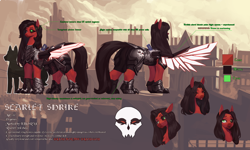 Size: 4500x2700 | Tagged: safe, artist:nsilverdraws, oc, oc only, oc:scarlet shrike, cyborg, cyborg pony, pegasus, pony, fanfic:iron hearts, amputee, armor, artificial wings, augmented, big pony, chaos, commissioner:sfaccountant, expressions, eye scar, facial expressions, facial scar, hoof claws, infographic, information, khorne, outdoors, pegasus oc, prosthetic eye, prosthetic limb, prosthetic wing, prosthetics, red and black oc, reference sheet, scar, size comparison, text, warhammer (game), warhammer 40k, wings