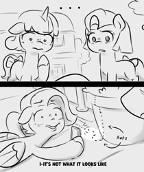 Size: 1920x2288 | Tagged: safe, artist:makaryo, glory (g5), peach fizz, seashell (g5), ant, earth pony, insect, pegasus, pony, unicorn, g5, ..., 2 panel comic, cellphone, comic, dialogue, female, filly, foal, grayscale, horn, monochrome, phone, pippsqueak trio, pippsqueaks, smartphone, trio