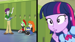 Size: 1920x1080 | Tagged: safe, screencap, golden hazel, indigo wreath, twilight sparkle, watermelody, alicorn, human, equestria girls, g4, my little pony equestria girls, backpack, beret, book, boots, clothes, dramas, female, hat, indoors, lockers, male, miniskirt, pants, shoes, skirt, split screen, this strange world, twilight sparkle (alicorn), two sides