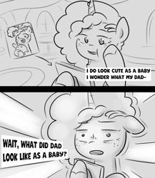 Size: 1920x2211 | Tagged: safe, artist:makaryo, misty brightdawn, pony, unicorn, g5, 2 panel comic, bust, comic, dialogue, female, filly, filly misty brightdawn, floppy ears, grayscale, horn, implied alphabittle blossomforth, mare, monochrome, photo, solo, thought bubble, younger