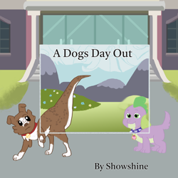 Size: 1400x1400 | Tagged: safe, spike, winona, dog, dragon, equestria girls, g4, canterlot high, collar, fanfic, fanfic art, fanfic cover, implied portal, looking at you, outdoors, portal, spike the dog, spiked collar