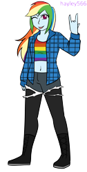 Size: 1480x2928 | Tagged: safe, artist:hayley566, rainbow dash, equestria girls, g4, '90s, :p, belly, belly button, boots, clothes, commission, female, flannel, midriff, one eye closed, shoes, shorts, simple background, socks, solo, sports bra, stockings, thigh highs, tongue out, torn clothes, transparent background, wink