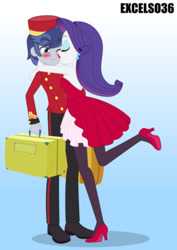 Size: 661x935 | Tagged: safe, artist:excelso36, rarity, welcome inn, human, equestria girls, g4, beautiful, bellhop, cheek kiss, clothes, duo, duo male and female, equestria girls-ified, female, gradient background, kissing, lipstick, male, raised leg