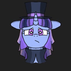 Size: 1000x1000 | Tagged: safe, artist:symphonydawn3, oc, oc only, oc:flawless sparklemoon, pony, unicorn, my little pony the movie: the death of twilight sparkle, clothes, female, fusion, fusion:trixie, fusion:twilight sparkle, fusion:twixie, hat, horn, mare, redemption, sad, simple background, solo