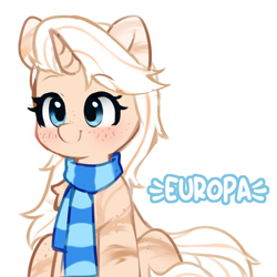 Size: 1000x1000 | Tagged: safe, artist:stablegrass, oc, oc only, oc:europa, pony, unicorn, clothes, female, freckles, horn, mare, scarf, simple background, smiling, solo, striped scarf, unicorn oc, white background