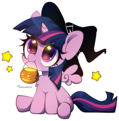 Size: 1265x1287 | Tagged: safe, artist:avrameow, twilight sparkle, alicorn, pony, g4, chest fluff, cute, female, floating wings, halloween, hat, holiday, looking up, mare, mouth hold, pumpkin bucket, simple background, sitting, solo, stars, transparent background, twiabetes, twilight sparkle (alicorn), wings, witch hat, ych example