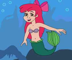 Size: 984x828 | Tagged: safe, artist:ocean lover, apple bloom, human, mermaid, g4, adorabloom, amber eyes, apple bloom's bow, bare shoulders, belly, belly button, boulder, bow, bra, bubble, cheerful, child, crossover, cute, disney, disney princess, excited, female, fins, fish tail, hair bow, happy, humanized, innocent, light skin, mermaid princess, mermaid tail, mermaidized, ms paint, ocean, open mouth, open smile, princess ariel, red bow, red hair, redhead, rock, seashell, seashell bra, smiling, solo, species swap, swimming, tail, tail fin, the little mermaid, underwater, water