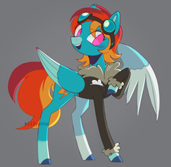 Size: 1488x1453 | Tagged: safe, artist:sillyp0ne, rainbow dash, pegasus, pony, g4, alternate cutie mark, alternate design, alternate hairstyle, alternate mane color, alternate tail color, big eyes, blue coat, blue wingtips, bomber jacket, chipped tooth, clothes, coat markings, colored hooves, colored pinnae, colored wings, colored wingtips, eye clipping through hair, eyebrows, eyebrows visible through hair, eyelashes, facial markings, female, goggles, goggles on head, gray background, hooves, jacket, long legs, looking away, mare, no pupils, one wing out, open mouth, open smile, pegasus oc, pink eyes, redesign, short hair rainbow dash, short mane, signature, simple background, smiling, snip (coat marking), socks (coat markings), solo, spread wings, standing on three hooves, tallerdash, thin legs, three quarter view, three toned mane, three toned tail, turned head, two toned wings, wings