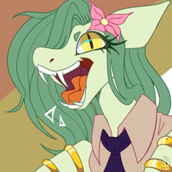 Size: 1300x1300 | Tagged: safe, artist:frazy, oc, oc only, oc:lamey, lamia, original species, snake, snake pony, bracelet, bust, clothes, fangs, female, flower, flower in hair, gold bracelet, jewelry, long hair, mare, necktie, open mouth, slit pupils, solo