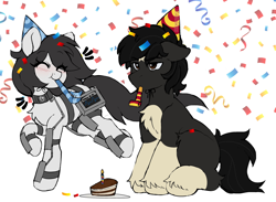 Size: 3140x2296 | Tagged: safe, artist:stablegrass, oc, oc only, oc:milly, oc:stable, earth pony, pony, birthday, birthday cake, blushing, cake, candle, chest fluff, choker, coat markings, colored belly, colored hooves, confetti, duo, duo male and female, earth pony oc, emanata, exosuit, female, food, hat, heart monitor, hooves, male, mare, party hat, party horn, plate, sitting, smiling, stallion, star mark, stars