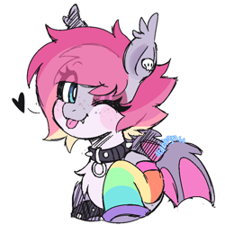 Size: 800x800 | Tagged: safe, artist:stablegrass, oc, oc only, unnamed oc, bat pony, pony, bat pony oc, chest fluff, choker, clothes, colored sketch, ear piercing, emanata, eye clipping through hair, fangs, female, freckles, heart, mare, one eye closed, piercing, rainbow socks, simple background, sketch, skull, socks, solo, spiked wristband, striped socks, tongue out, white background, wink, wristband