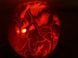 Size: 1443x1080 | Tagged: safe, artist:mystic2u, kirin, nirik, g4, halloween, holiday, jack-o-lantern, photo, pumpkin, pumpkin carving