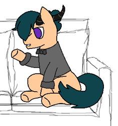 Size: 310x330 | Tagged: safe, artist:sha, oc, oc only, oc:jackson, earth pony, pony, bowtie, clothes, couch, green hair, horn, indoors, male, purple eyes, sitting, sketch, solo, talking