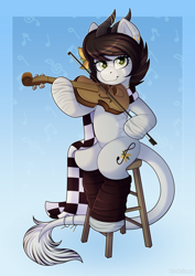 Size: 1980x2800 | Tagged: safe, artist:madelinne, oc, oc only, oc:sound error, clothes, female, flower, flower in hair, gradient background, jewelry, mare, musical instrument, scarf, solo, violin