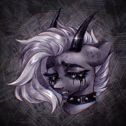 Size: 1280x1287 | Tagged: safe, artist:seurnik, oc, oc only, pony, abstract background, chalkboard, choker, commission, crying, digital art, ears back, fangs, head, horns, long eyelashes, monochrome, sad, short mane, solo