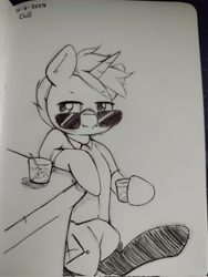 Size: 1538x2048 | Tagged: safe, artist:taurson, oc, oc only, oc:coffee, pony, unicorn, glass, grayscale, hoof hold, horn, magnetic hooves, male, monochrome, oc-tober, pen drawing, stallion, sunglasses, traditional art