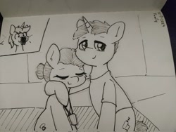 Size: 2048x1538 | Tagged: safe, artist:taurson, oc, oc only, oc:coffee, earth pony, pony, unicorn, female, horn, lidded eyes, looking at you, male, mare, oc-tober, pen drawing, smiling, smiling at you, stallion, traditional art, trio