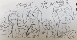 Size: 2048x1080 | Tagged: safe, artist:texacity, oc, oc only, oc:jazz apple, oc:opal apple, earth pony, pegasus, brother and sister, colt, dialogue, duo, duo male and female, female, filly, foal, freckles, grayscale, grin, i'm not touching you, implied fluttershy, male, monochrome, offscreen character, offspring, parent:big macintosh, parent:fluttershy, parents:fluttermac, pen drawing, siblings, sketch, smiling, traditional art