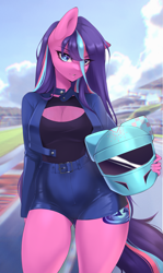 Size: 2239x3760 | Tagged: safe, artist:u_lu_lu, oc, oc only, oc:serenity pond, earth pony, anthro, boob window, breasts, cleavage, clothes, cloud, eye clipping through hair, eyebrows, eyebrows visible through hair, female, helmet, jacket, long hair, looking at you, multiple variants, open clothes, open jacket, outdoors, race track, shorts, solo, wide hips