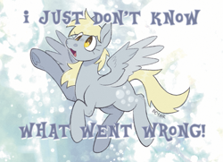 Size: 965x700 | Tagged: safe, artist:beyhr, derpy hooves, pegasus, pony, g4, blonde mane, blonde tail, bubble, colored underhoof, colored wings, colored wingtips, derp, eye clipping through hair, eyelashes, female, flying, gray coat, gray text, gray wingtips, hoof heart, i just don't know what went wrong, mare, open mouth, open smile, ponytober, ponytober 2024, raised hoof, shiny mane, shiny tail, signature, smiling, solo, tail, three quarter view, two toned wings, underhoof, wings, yellow eyes