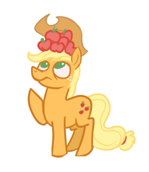 Size: 500x575 | Tagged: artist needed, source needed, safe, applejack, earth pony, pony, g4, apple, applejack's hat, cowboy hat, female, food, fruit, full body, hat, looking up, mare, no pupils, simple background, solo, white background