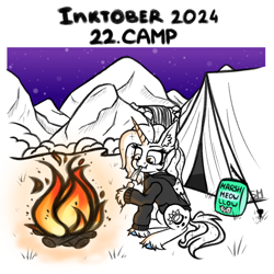 Size: 1000x1000 | Tagged: safe, artist:sunamoonmlp, derpibooru exclusive, oc, oc only, oc:sunamoon, alicorn, pony, g4, campfire, camping, cute, female, food, horn, inktober, inktober 2024, marshmallow, nature, solo, tent, wings