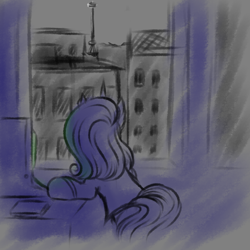 Size: 3000x3000 | Tagged: safe, artist:darklight1315, oc, oc only, oc:mayday, pony, unicorn, fallout equestria, baltimare, building, fallout equestria: mayday, horn, indoors, radio tower, sketch, solo, terminal, window