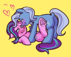 Size: 1280x1032 | Tagged: safe, artist:zigmeow, starlight glimmer, trixie, pony, unicorn, g4, blushing, butt, duo, duo female, female, horn, lesbian, looking at each other, looking at someone, lying down, mare, on back, plot, ship:startrix, shipping, simple background, yellow background