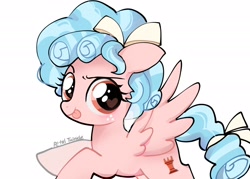 Size: 2048x1470 | Tagged: safe, artist:petaltwinkle, cozy glow, pegasus, pony, g4, :p, blushing, bow, eyebrows, female, filly, floppy ears, foal, hair ribbon, heart, heart eyes, licking, licking lips, looking at you, raised eyebrow, ribbon, signature, simple background, solo, spread wings, tail, tail bow, text, tongue out, upper body, white background, wingding eyes, wings