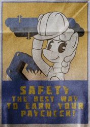 Size: 849x1200 | Tagged: safe, artist:xallaanacyoxcyor, oc, oc only, earth pony, pony, fallout equestria, megaspell (game), clothes, female, hard hat, hat, mare, poster, poster parody, solo