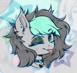 Size: 1280x1203 | Tagged: safe, artist:seurnik, oc, oc only, oc:opal stone, earth pony, pony, ;p, bust, choker, ear fluff, fluffy, gray coat, one eye closed, short hair, solo, tongue out