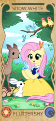 Size: 960x2077 | Tagged: source needed, safe, artist:apzzang, fluttershy, bird, butterfly, deer, pegasus, pony, rabbit, squirrel, g4, animal, clothes, cloud, cute, disney style, dress, female, flower, grass, snow white, solo, tree