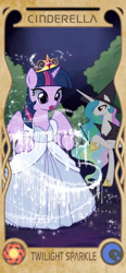 Size: 960x2077 | Tagged: source needed, safe, artist:apzzang, princess celestia, twilight sparkle, alicorn, pony, g4, cinderella, clothes, crown, cute, disney style, dress, duo, duo female, female, hat, jewelry, night, regalia, spread wings, tree, twilight sparkle (alicorn), wings