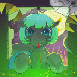 Size: 2500x2500 | Tagged: safe, artist:bilivrayka, oc, oc only, oc:marigold blossom, lamia, original species, pony, snake, snake pony, blue eyes, fangs, female, halloween, holiday, looking at you, mare, moon, snake tail, solo, spider web, tail, tongue out