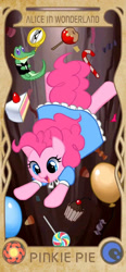 Size: 960x2077 | Tagged: source needed, safe, artist:apzzang, gummy, pinkie pie, alligator, earth pony, pony, g4, alice in wonderland, balloon, cake, candy, clothes, cute, disney style, dress, falling, female, food, solo