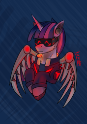 Size: 2480x3508 | Tagged: safe, artist:kirieshka, twilight sparkle, alicorn, unicorn, g4, amputee, artificial wings, augmented, cyberpunk, cyberpunk 2077, headphones, horn, implants, iron wings, mechanical wing, prosthesis, prosthetic limb, prosthetics, red, red eyes, visor, wings