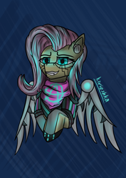 Size: 2480x3508 | Tagged: safe, artist:kirieshka, fluttershy, pegasus, pony, g4, amputee, anarchy, artificial wings, augmented, blue eyes, cyberpunk, cyberpunk 2077, delicious flat chest, flattershy, headphones, implants, iron wings, mechanical wing, neon, prosthesis, prosthetic limb, prosthetics, wings