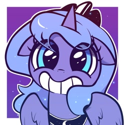 Size: 1000x1000 | Tagged: safe, artist:duvivi, princess luna, alicorn, pony, g4, bean mouth, crown, cute, eye clipping through hair, female, filly, filly luna, floppy ears, foal, gradient background, grin, jewelry, looking at you, lunabetes, out of frame, outline, passepartout, regalia, s1 luna, smiling, solo, sparkles, spread wings, upper body, white outline, wings, woona, younger