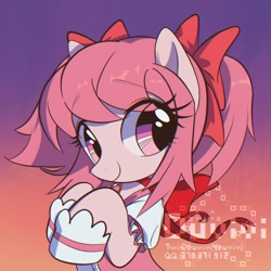 Size: 2000x2000 | Tagged: safe, artist:duvivi, pony, anime, bow, clothes, cute, female, gradient background, hair bow, high res, madoka kaname, magical girl, mare, ponified, puella magi madoka magica, ribbon, smiling, solo