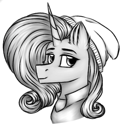 Size: 1407x1456 | Tagged: safe, artist:darklight1315, oc, oc only, oc:mayday, pony, unicorn, fallout equestria, beanie, black and white, fallout equestria: mayday, female, grayscale, hat, horn, mare, monochrome, simple background, solo, white background